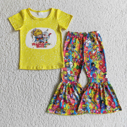 promotion  C15-18 yellow rainbow brite letters cartoon short sleeve bell bottom girl outfit  202408 RTS