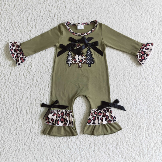 0929 RTS Christmas tree leopard  green girl romper
