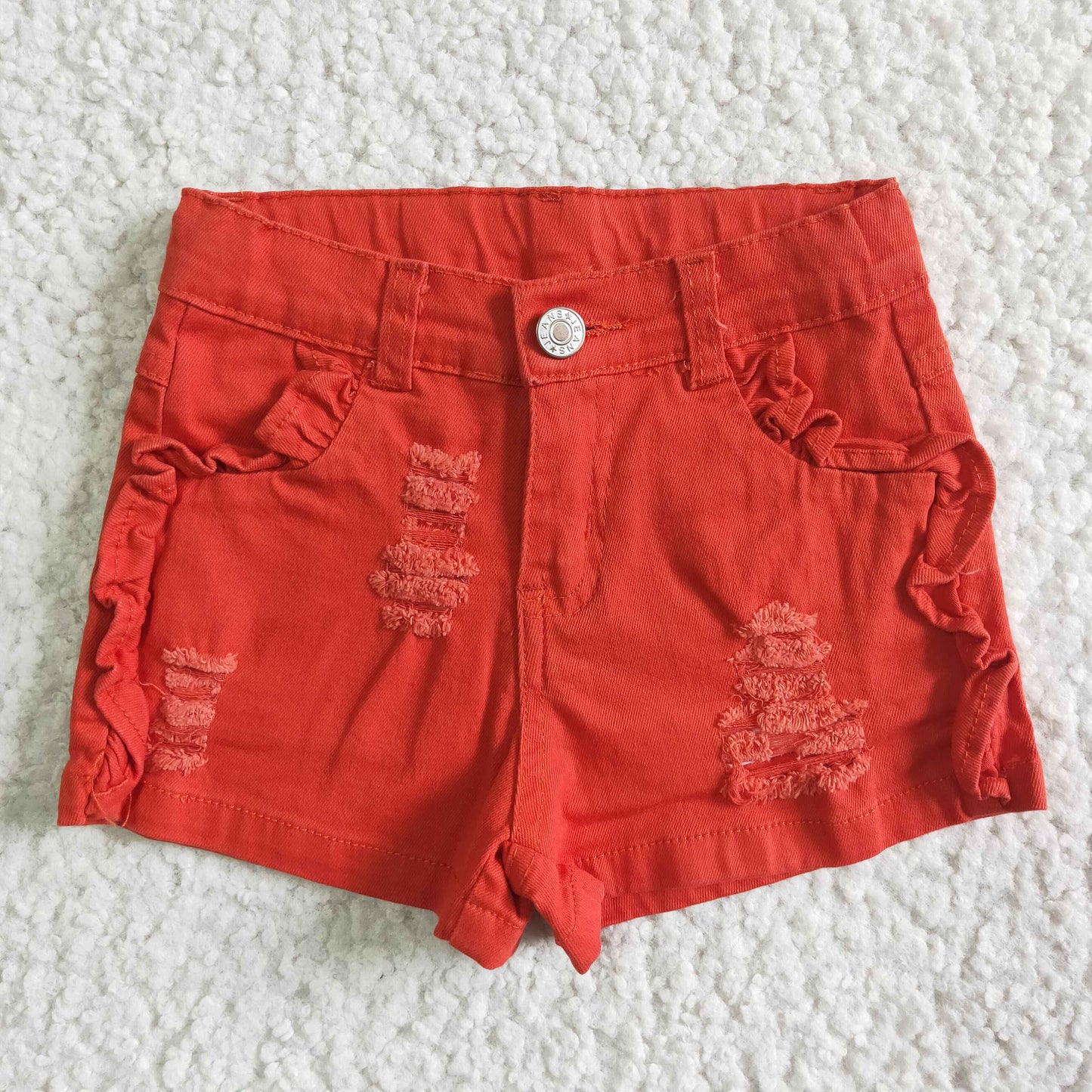 A9-20 RTS ruffle pockets girl button red watermelon color ripped denim shorts 0528