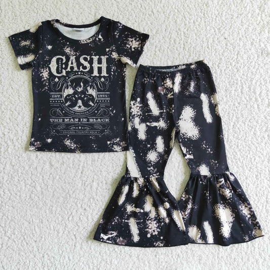 cash  black short sleeve bell bottom pants girl outfit  RTS 0826