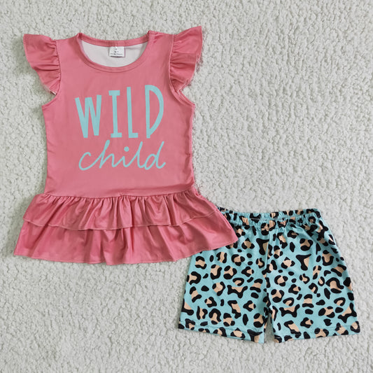 wild child letters pink green leopard print short sleeve shorts girl outfits 0331