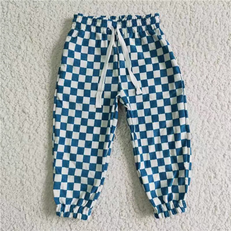 P0018 blue plaid checkerboard cotton long boy jogger pants RTS 20230228 RTS