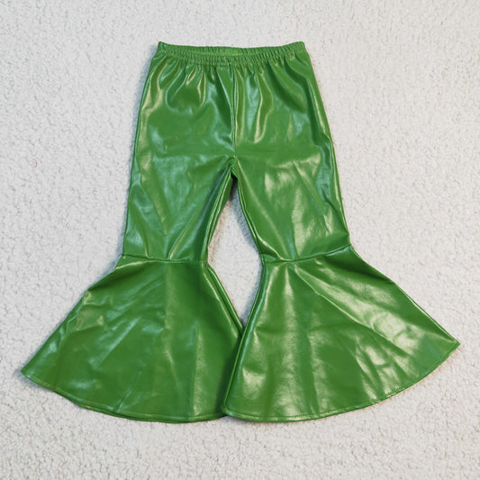 P0051 girls leather green bell bottom pants 20230102