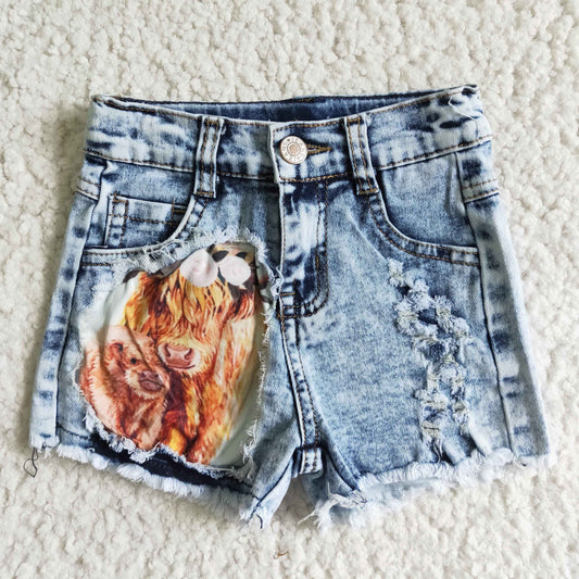 SS0024 pockets button yak calf patch print blue denim shorts RTS 0609