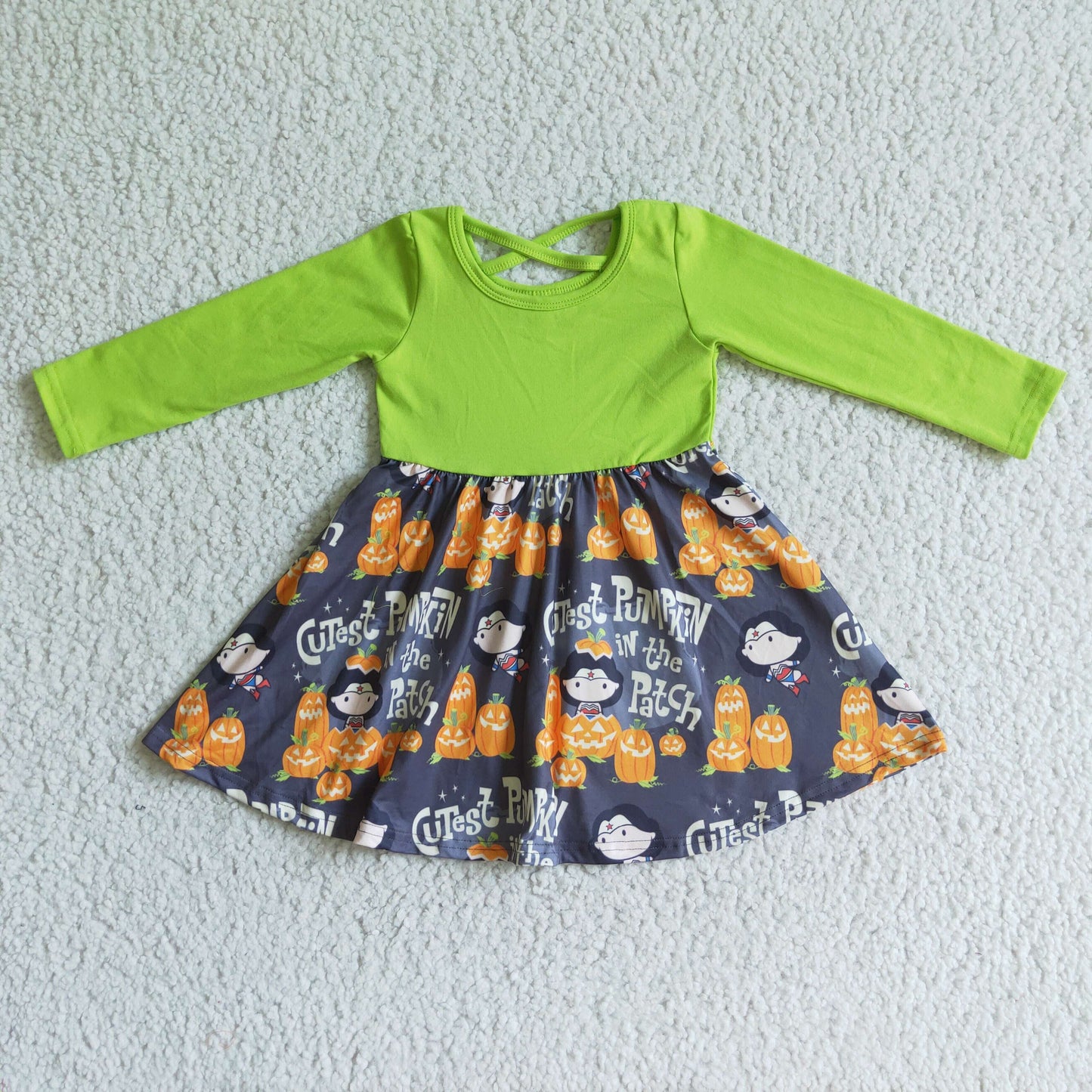Promotion 202410 GLD0079 halloween pumpkin green long sleeve baby girl crisscross dress  RTS