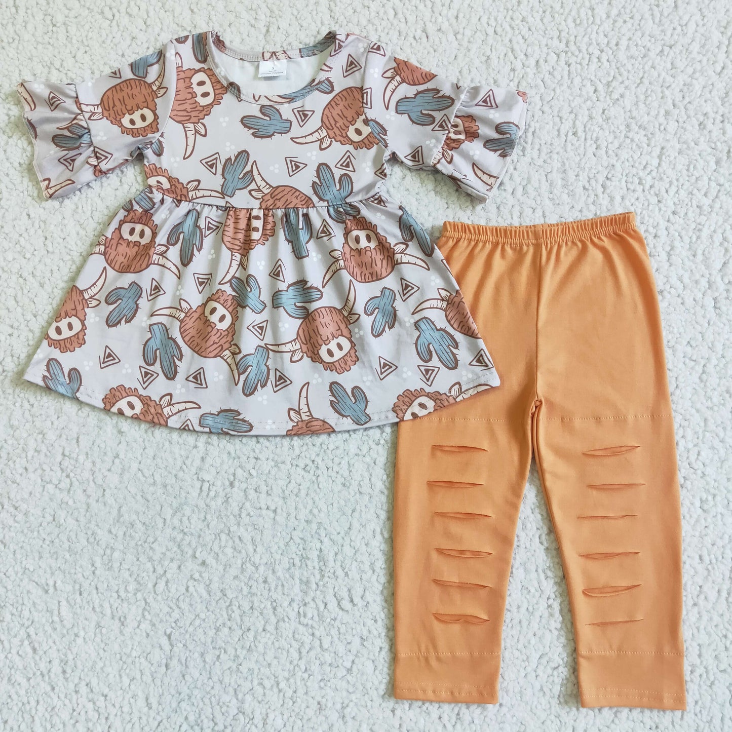 GSPO0095 0709 RTS ruffle flare short sleeve dress orange legging pants cow cactus girl outfit