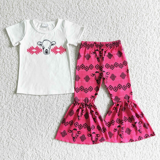 promotion RTS cow rhombus white red short sleeve hot pinkbell bottom girl outfits RTS
