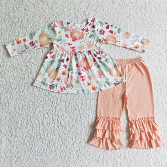 0819 RTS pumpkin long sleeve orange ruffle pants girl outfit Halloween