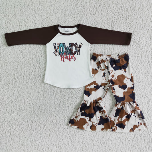 promotion RTS 6 C8-25 brown raglan letter cow print long sleeve bell bottom pant girl outfit 202501