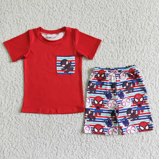 promotion RTS spider hero red short sleeve top colorful stripe shorts boy outfit summer clothes real pic 202404