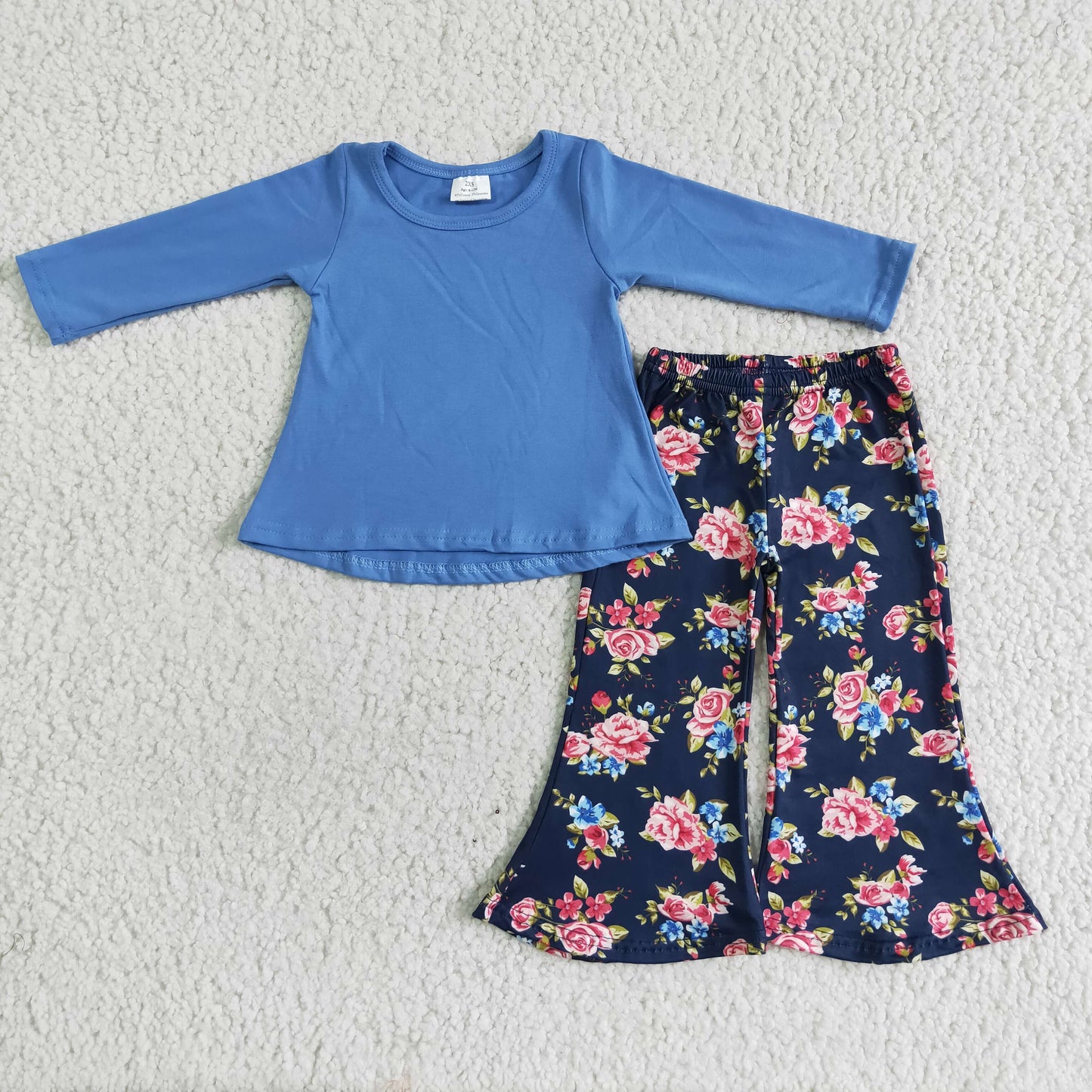 Promotion 6 A25-3 RTS solid color blue floral long sleeve bell bottom pants girl outfits