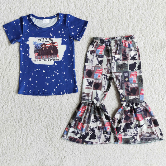 promotion RTS E13-12 IT's time to take brandon to the train station letters flag blue gray girl short sleeve bell bottom outfit 0111