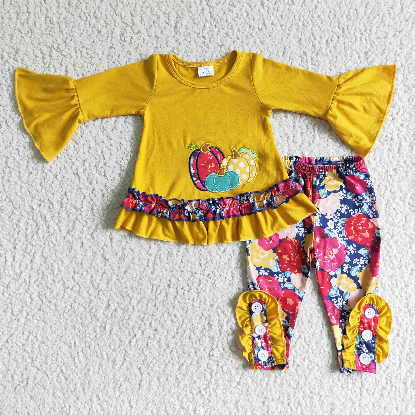 RTS Halloween yellow ruffle flare sleeve pumkin flower button pants girl outfit 0623