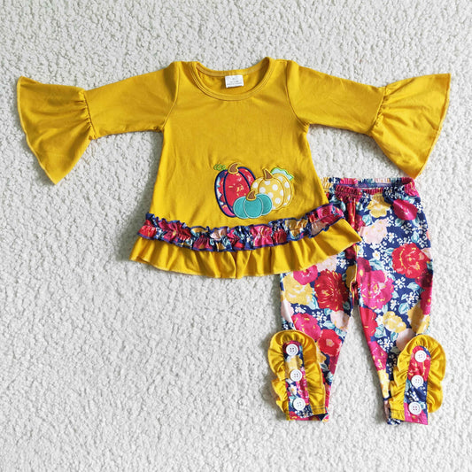 RTS Halloween yellow ruffle flare sleeve pumkin flower button pants girl outfit 0623