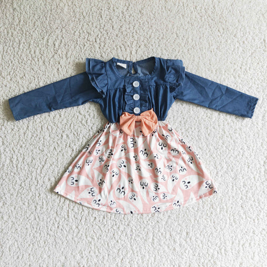 blue bow boo dress long denim sleeve Halloween girl dress 0928