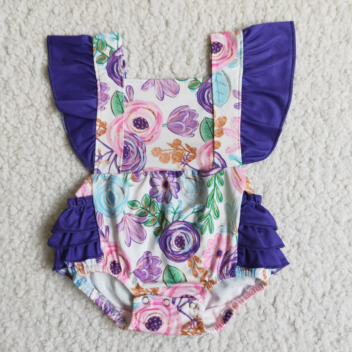 promotion RTS purple floral flutter ruffles short sleeve romper 0514 RTS