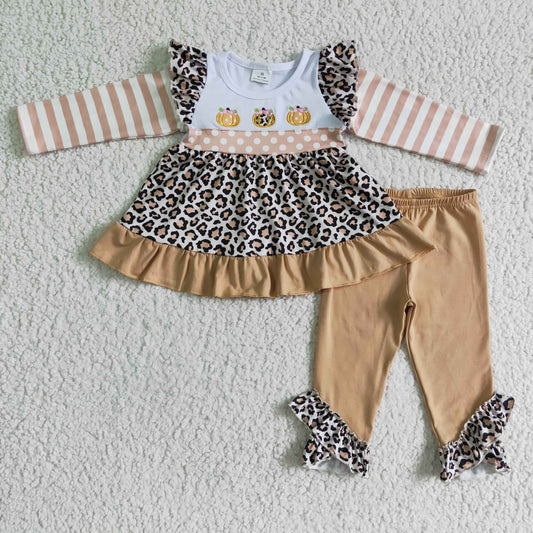 RTS 0913 embroidery pumpkin halloween leopard stripe long sleeve girl outfit