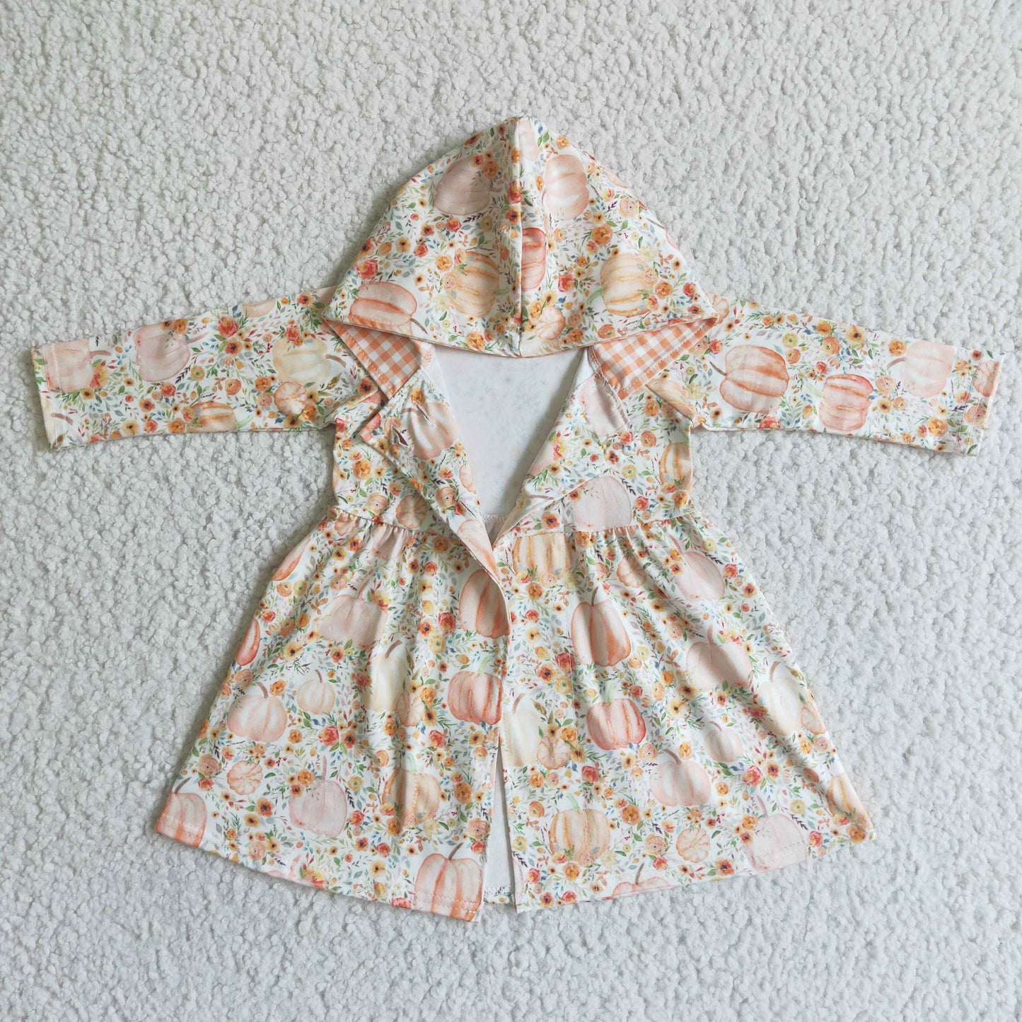 RTS 0708 plaid hoodie long sleeve halloween orange pumpkin button girl jacket coat