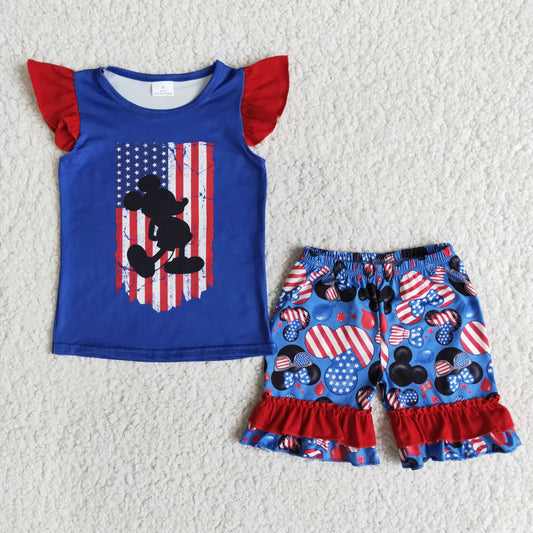 promotion E12-1 girl red blue cartoon mouse flag stripe stars puffy short sleeve shorts 202404