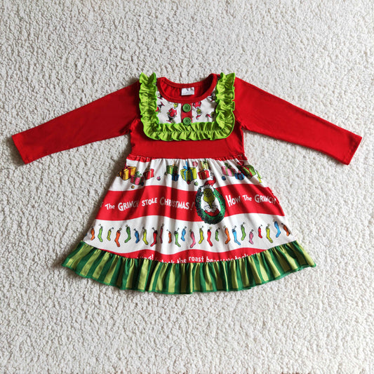0923 RTS merry Christmas green grin long sleeve girl dress