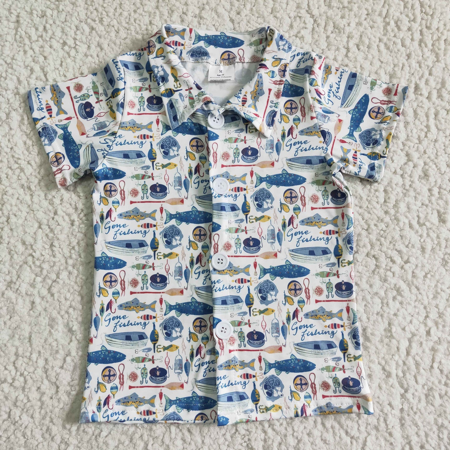 RTS blue fish sea print white boy short sleeve shirt top real pic 0519