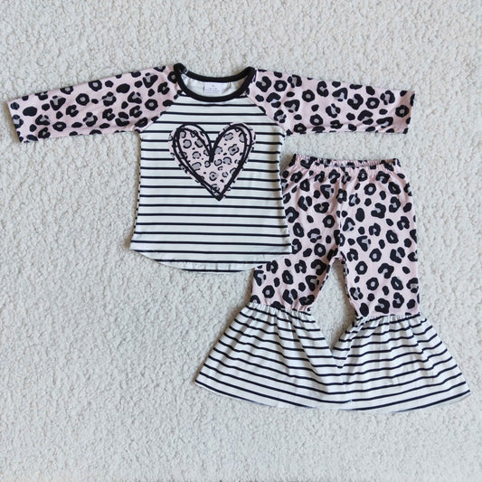 valentine love pink raglan white black stripe leopard print long sleeve bell bottom girl outfits Jan 0105