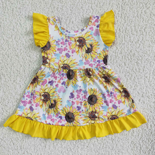 GSD0071 RTS sunflowers puffy sleeves yellow ruffles dresses 0528