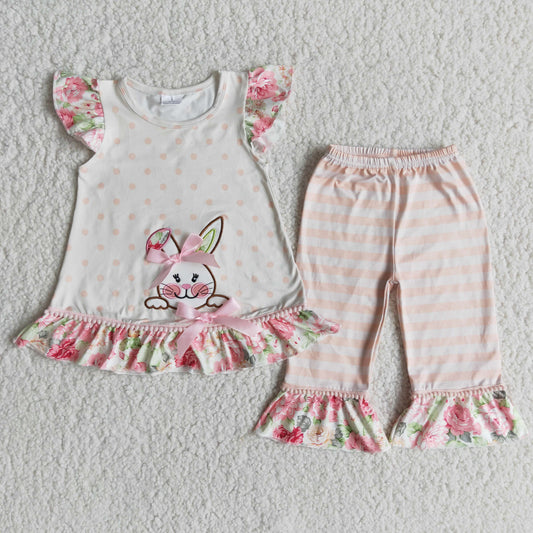 promotion E6-18 Easter  floral embroidery rabbit stripe dot puffy short sleeve pants girl outfit 20230328 RTS