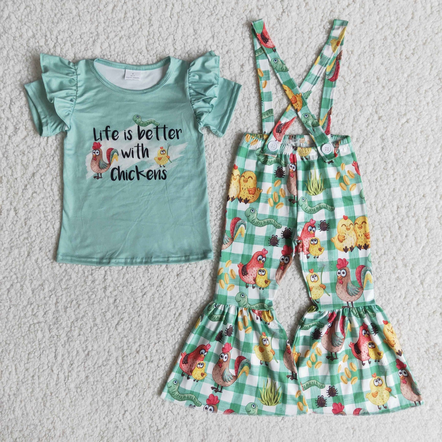 E9-15  RTS life is better with chickens girl ruffles cartoon green plaid short sleeve overall girl outfit 20230811