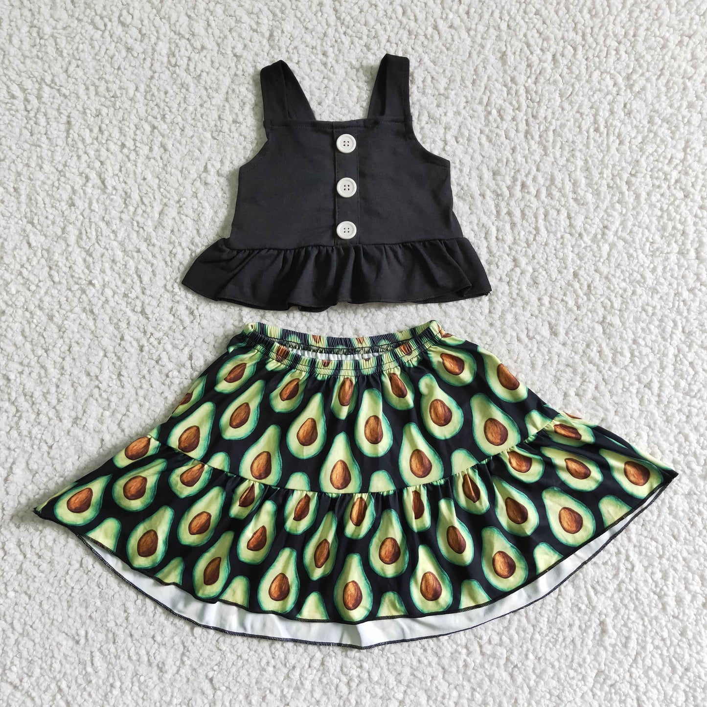 promotion price GSD0081 RTS black shoulder vest avocado long behind skirt baby summer outfit 0519