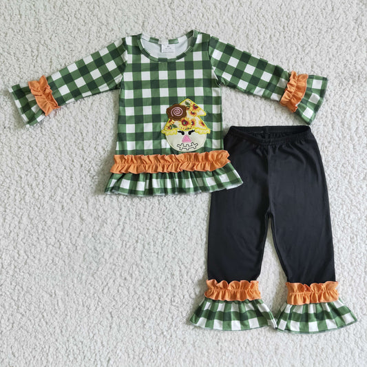 0825 RTS scarecrow long green plaid sleeve ruffle pants girl outfit fall