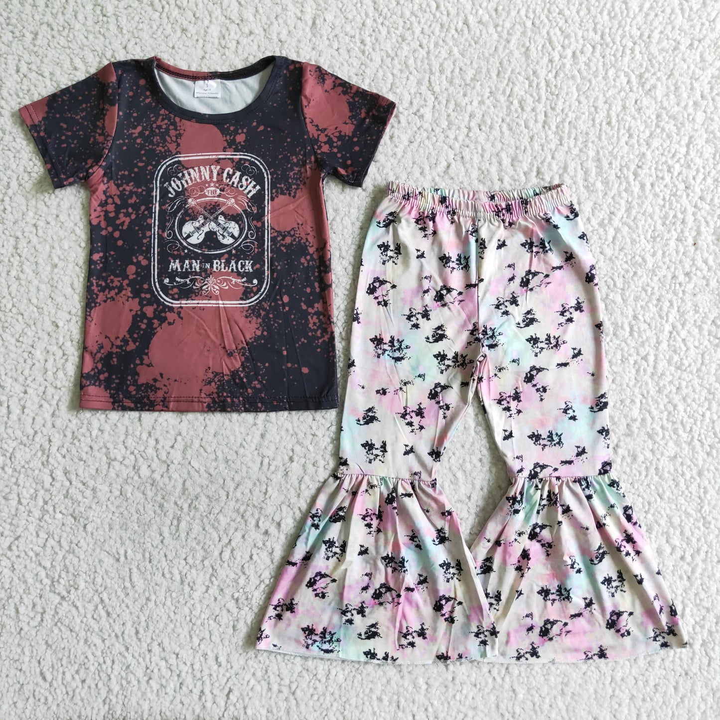promotion A1-1 guitar music cash letters black short sleeve bell bottom pant outfit  RTS