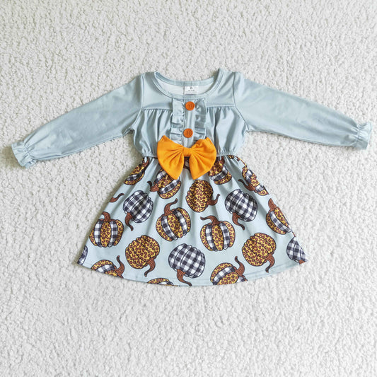 RTS halloween orange bow leopard plaid pumpkin green long sleeve girl dress 0705