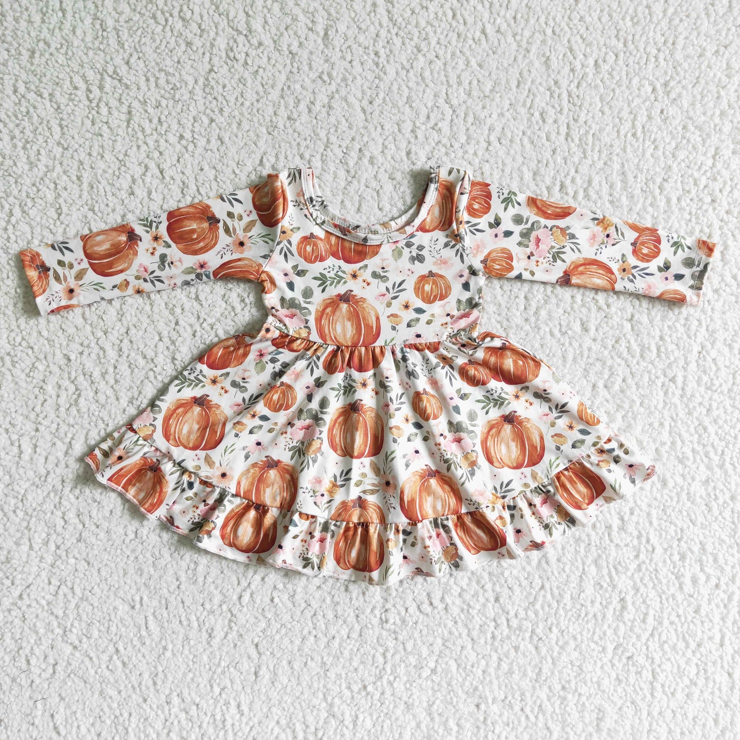 RTS 0618 orange pumpkin long sleeve flower fall girl dress halloween