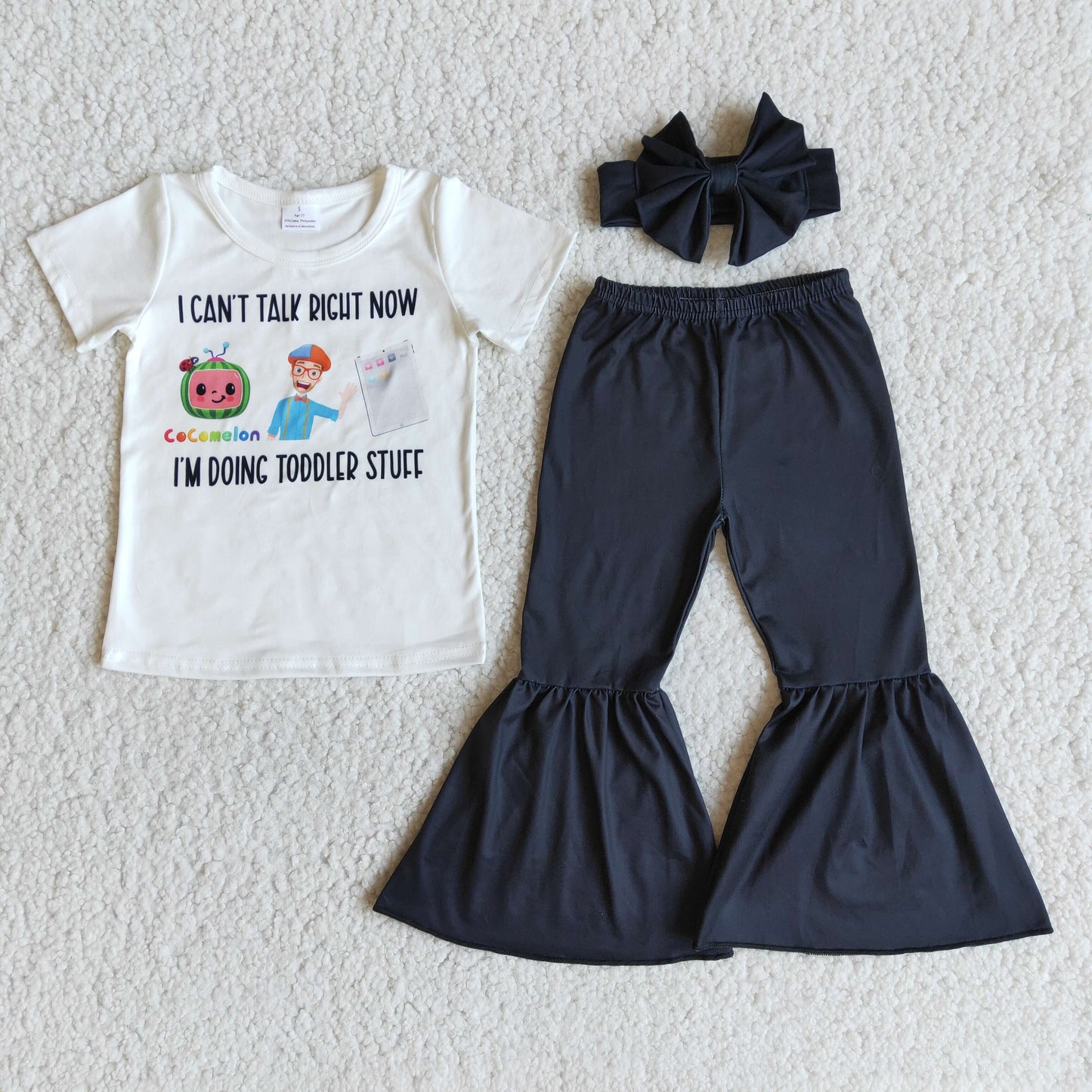 promotion RTS E9-14  I can't talk right now doing toddler stuff letters white black girl short sleeve bell bottom bow headband 3pcs outfit