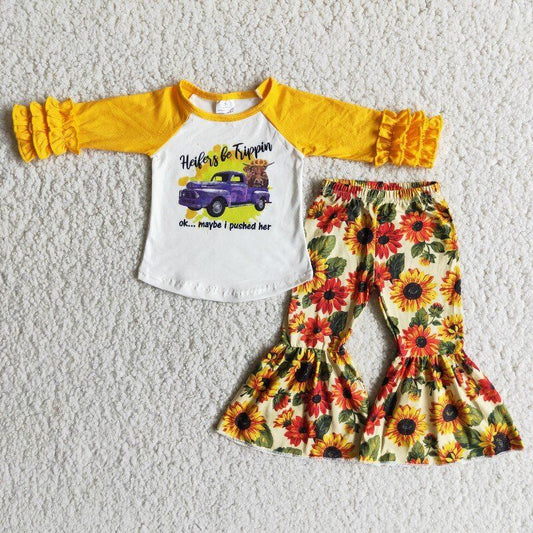 PROMOTION 6 B0-2 girl car yellow sunflower raglan ruffles long sleeve bell bottom pant outfit