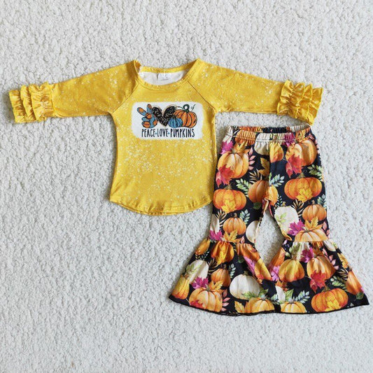 girl pumpkin yellow ruffles long sleeve bell bottom pant outfit