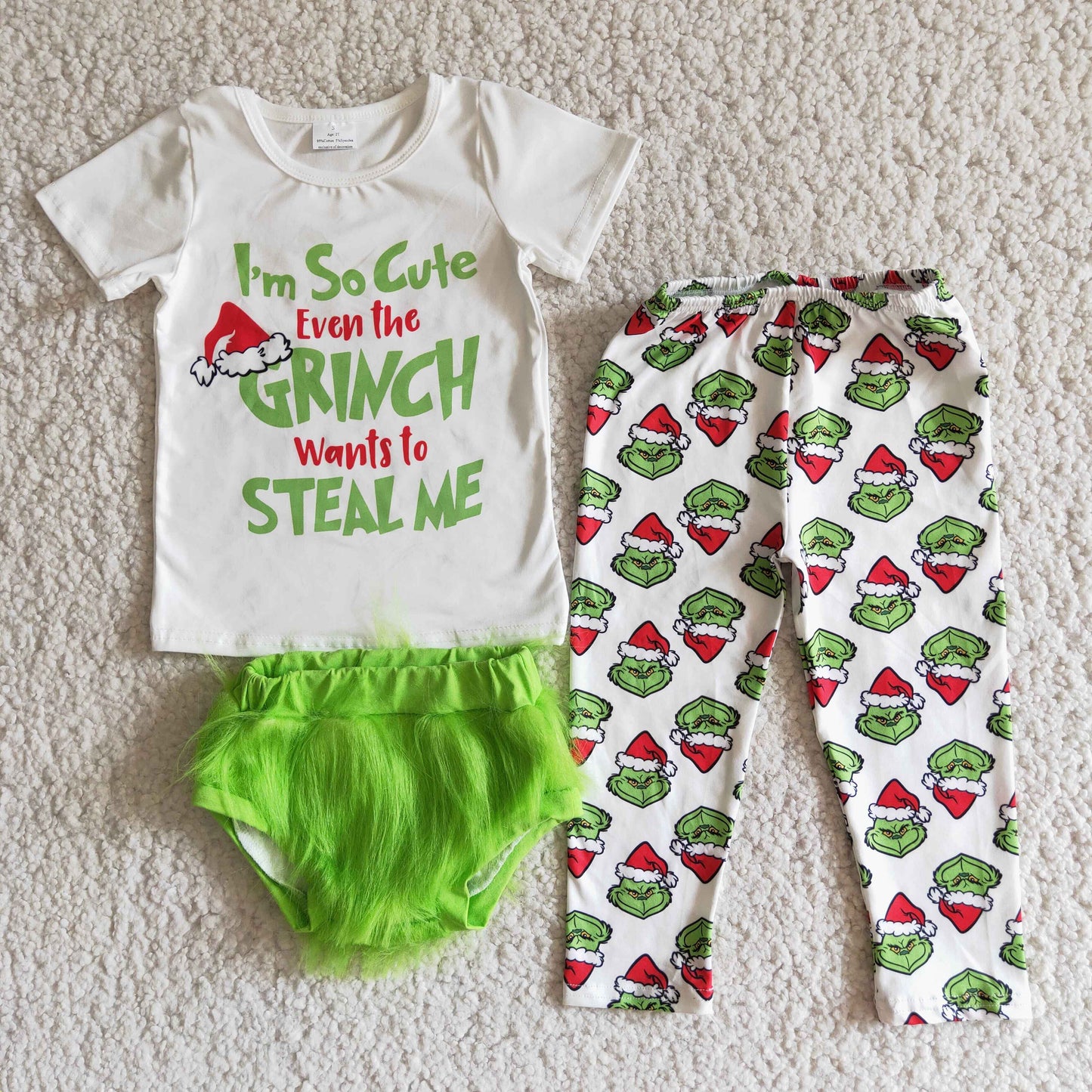 RTS 0524 Christmas green cartoon 3pcs green grin top bummies legging pants short sleeve long pants outfits