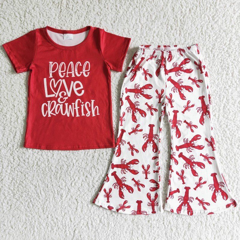 promotion crow fish peace love crawfish letters red short sleeve pant girl outfit RTS