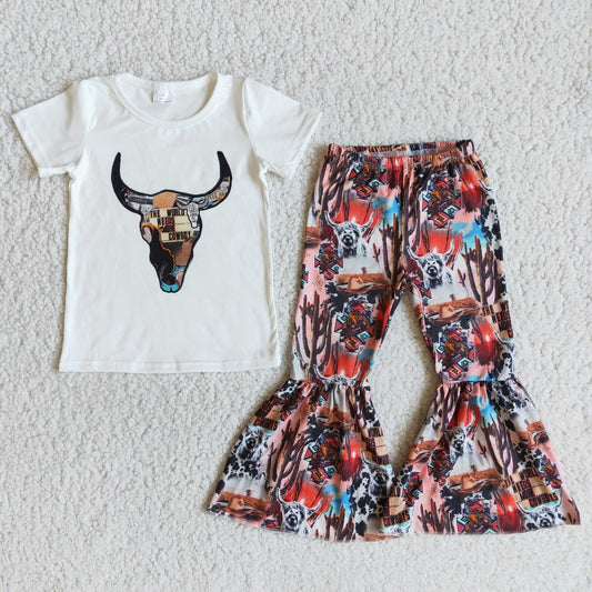 promotion B1-14 white top farm cow pattern short sleeves bell bottom pants outfit 0106