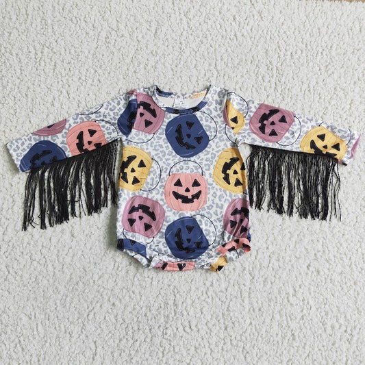 RTS 0730 colorful pumpkin tassel leopard long sleeve girl romper clothes