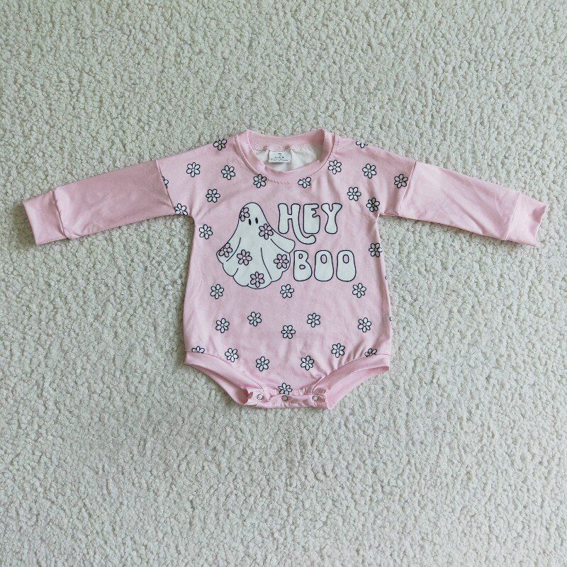 RTS pink flower white head snap girl romper 0730