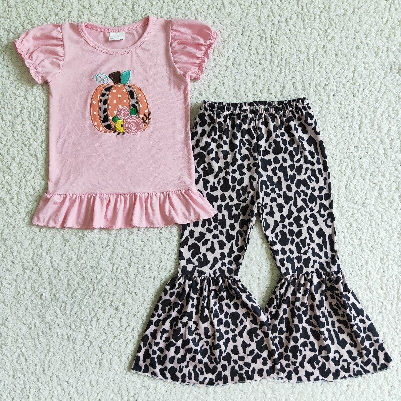 embroidery pink puffy short sleeve halloween pumkin leopard bell pants girl outfit 0815