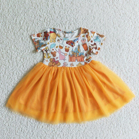 0824 RTS orange tulle cartoon bear girl dress halloween pumpkin