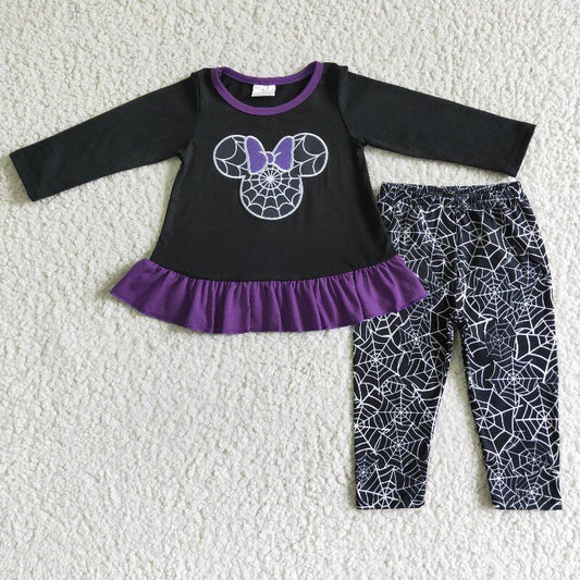 0824 RTS embroidered black  purple top long shoulder net print girl outfit