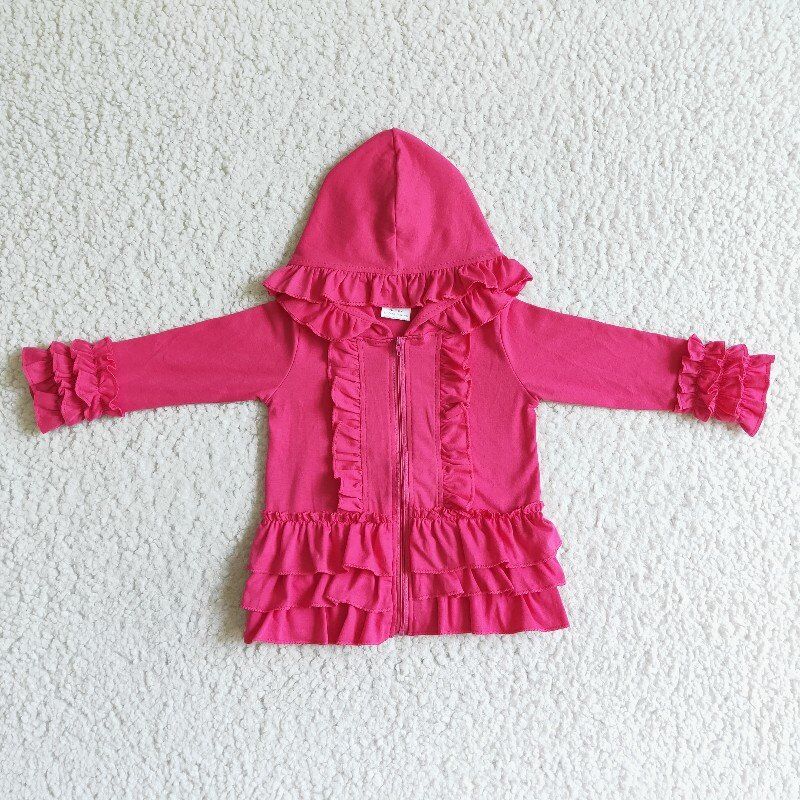 GT0020 hot pink Ruffle print zipper design hoodie loose kids coat 0826 RTS