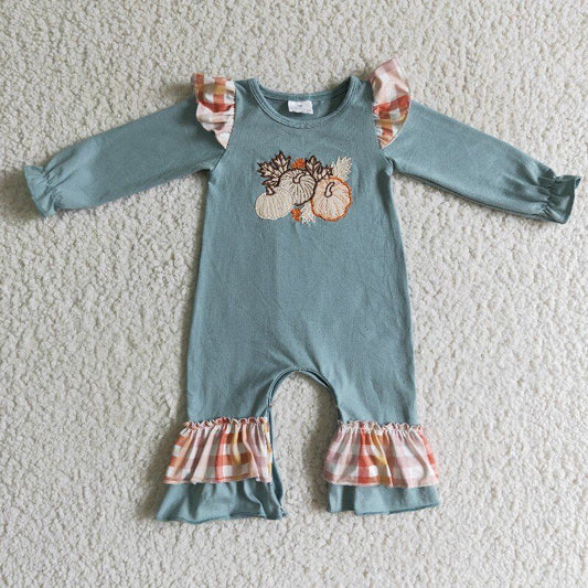 RTS halloween  pumpkin blue long sleeve snap baby plaid ruffle girl romper 0927