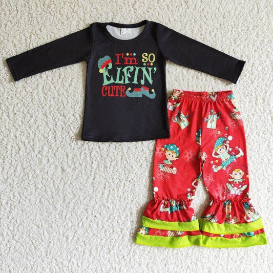 long sleeve black christmas cartoon red ruffle bell bottom pants girl outfit 1025