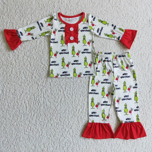 merry Christmas green grin long sleeve girl pajamas outfit 1025 RTS