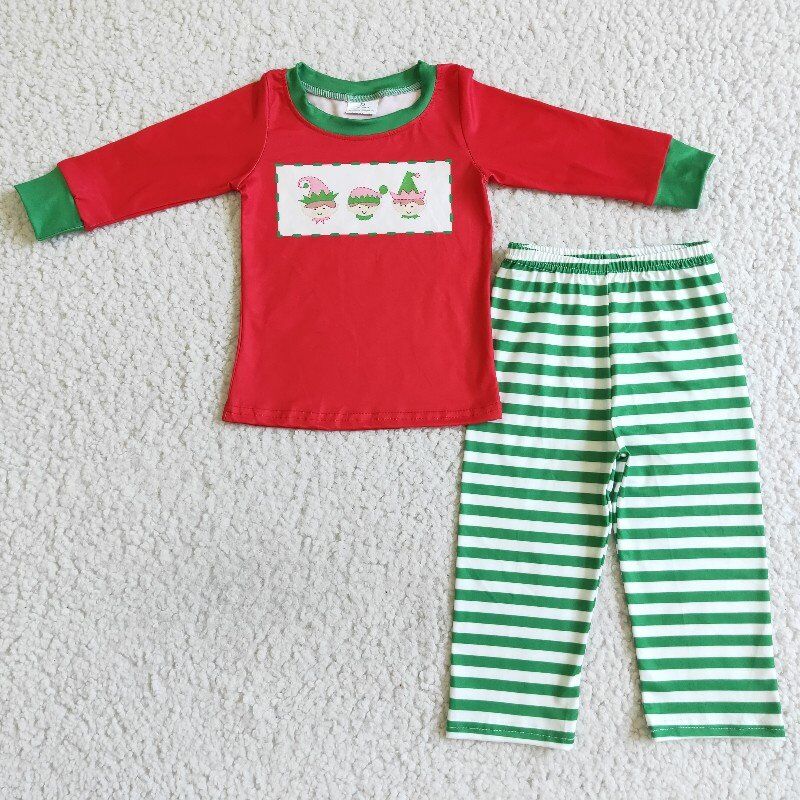 BLP0011 RTS Red top long sleeve green stripe pants boy pajamas outfit Christmas 20230608 RTS